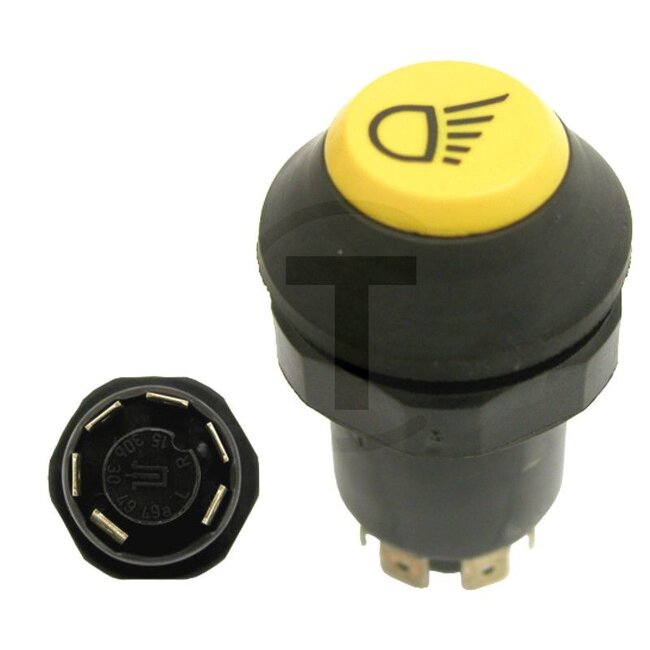 GRANIT Push button switch Work light - 50719000, 2.7659.109.0, 11175260XX | Version: 12/24 V, Yellow button, with lock, Ø 30 mm, 6 blade terminals 6.3 x 0.8 (L- R- 30- 30b- 15- 49), dustproof and splashproof, With glass socket bulb 12 V / 1.2 W