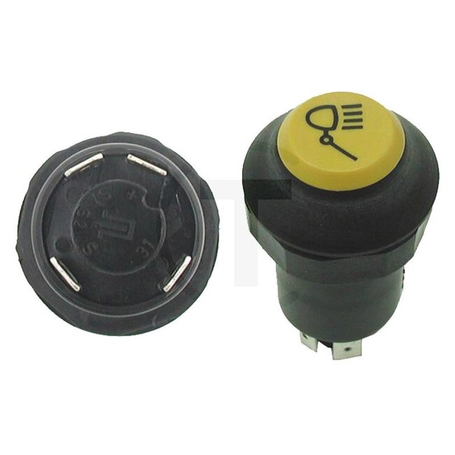 GRANIT Push button switch Rear work light - 50770490175, 133700580008, 139900580153, 11130200XX, 44554 | Version: 12/24 V, Yellow button, with lock, Ø 30 mm, 4 blade terminals 6.3 x 0.8 (31- S1- S- +), Dustproof and splashproof, With glass socket bulb 12 V / 1.2