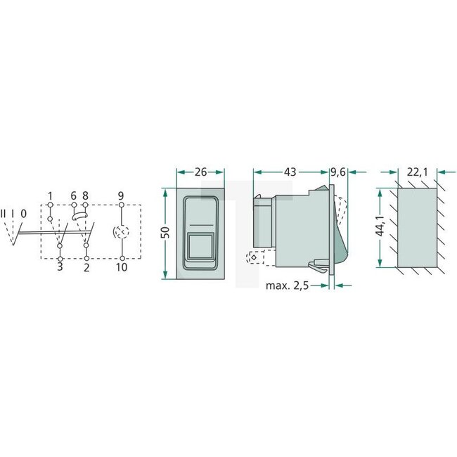 HELLA Tuimelschakelaar II+I-0, 7 vlakstekkeraansluitingen, 60 mm | 6RH004570411