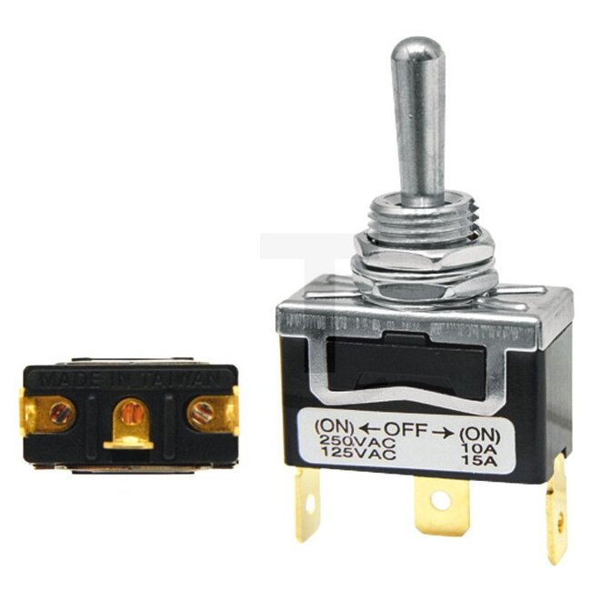 GRANIT Toggle switch Returns to original position - 50700107, 20800310, 180587-GEF | Version: 12/24 V, (On)/off/(on), short metal lever, 3 blade terminals 6.3 mm | Connection pin / clamp: 3 | Power rating max. 12 V: 16 | Power rating max. 24 V: 8 | Mounting Ø: 1