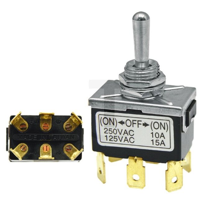 GRANIT Toggle switch Returns to original position - 50700106, 20800309, 180592 | Version: 12/24 V, (On)/off/(on), short metal lever, 6 blade terminals 6.3 mm | Connection pin / clamp: 6 | Power rating max. 12 V: 16 | Power rating max. 24 V: 8 | Mounting Ø: 12,0
