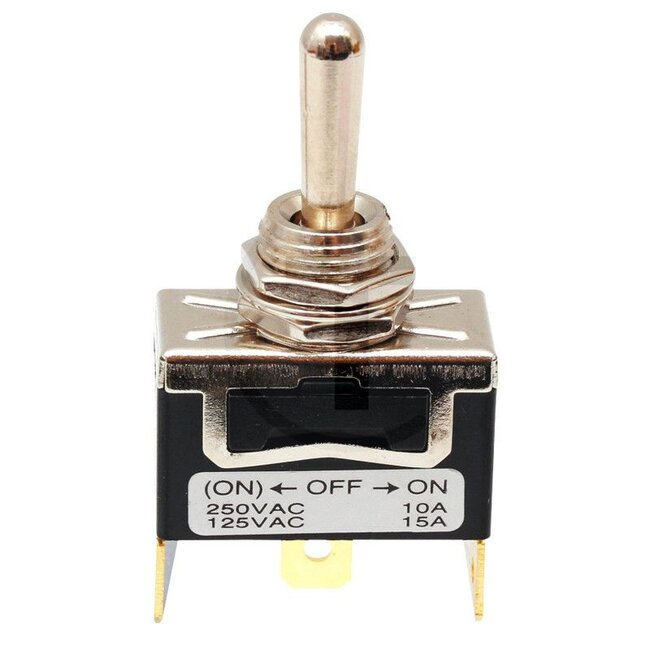 GRANIT Toggle switch Returns to original position - 50700124, 20800312, 180588 | Version: 12/24 V, On/off, →On (with spring return), →Off (locks in place), Short metal lever, 3 blade terminals, 6.3 mm | Connection pin / clamp: 3 | Power rating max. 12 V: 16 | Po