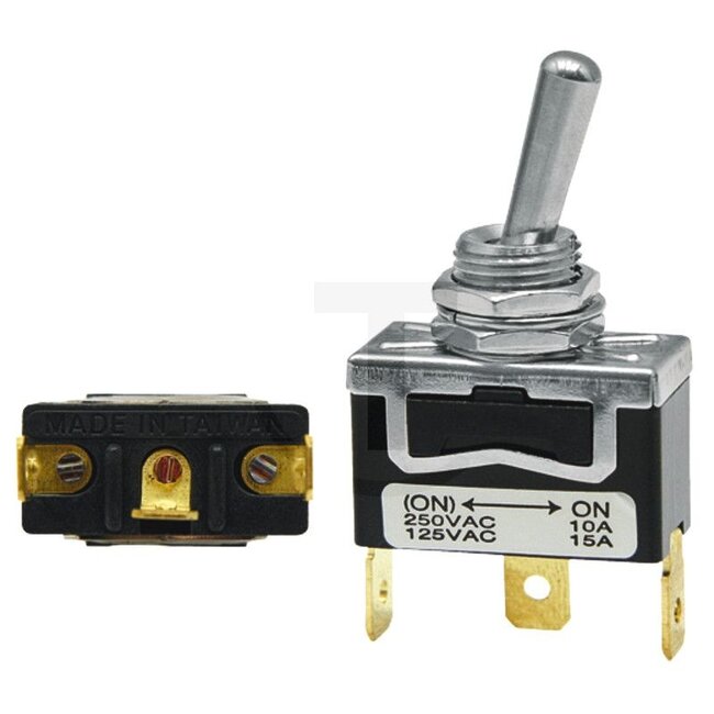 GRANIT Tuimelschakelaar betastend - 50700105, 20800117, 180585 | Uitvoering: 12 volt, Aan / (Aan) korte metalen hendel, 3 vlakstekkeraansluitingen 6,3 mm | Aansluitingspolen / -klemmen: 3 | Belastbaarheid max. 12 V: 16 | Belastbaarheid max. 24 V: 8 | Inbouw-Ø: 1