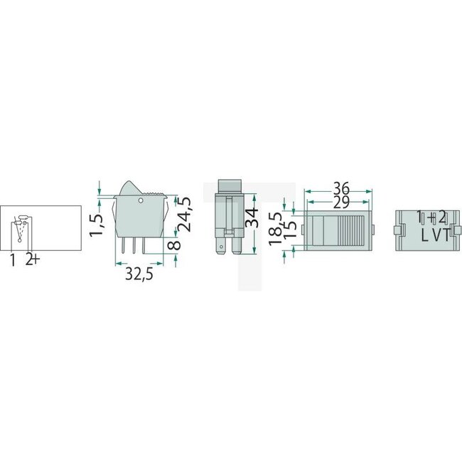 Cobo Rocker switch For blower (fan) - 22716105000, 1022880 | Version: 12 V/24 V, Functions: off, on-1, on-2, 3 blade terminals, Installation dimension: 15 mm wide, 29 mm long and 34 mm high