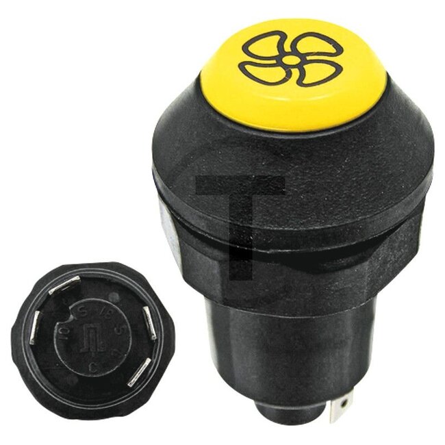 GRANIT Drukknopschakelaar Ventilator - 50799076, 11145100XX | Uitvoering: 12 / 24 volt, Knop geel, met vergrendeling, Ø: 30 mm, 4 vlakstekkers 6,3 x 0,8 (01- S1- S- 0), Bescherming tegen stof en spatwater | Bediening van: Ventilator | Schakelknopkleur: oranje