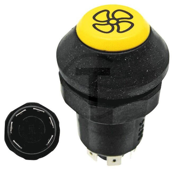 GRANIT Push button switch Blower - 50799077, 11165100XX | Version: 12/24 V, Yellow button, With lock, Ø 30 mm, 6 blade terminals 6.3 x 0.8 (L- 49a- R- 30b- 15- 49), Dustproof and splashproof, With glass socket bulb 12 V / 1.2 W | To operate: Blower | Switch butt