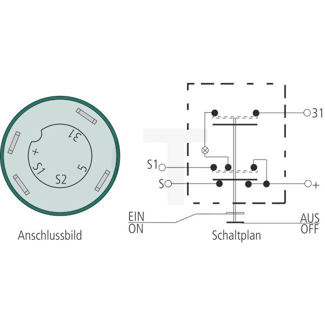 GRANIT Druckknopfschalter Zusatzheizung - 50799088, 11130150XX, 01177151 | Ausführung: 12 / 24 Volt, Knopf grün, mit Arretierung, Ø 30 mm, 4 Flachsteckanschlüsse 6,3 x 0,8 (31- S1- S- +), Staub- und Spritzwasserschutz, mit Glassockellampe 12 V / 1,2 W | Betätigu