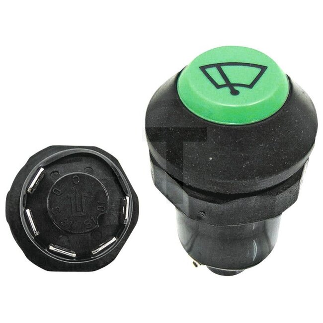 GRANIT Push button switch Windscreen wipers - 50799083, 2663335, 11180010XX | Version: 12/24 V, Green button, with lock, Ø 30 mm, 5 blade terminals 6.3 x 0.8 (31- 0- S1- S- 01), Dustproof and splashproof, With glass socket bulb 12 V / 1.2 W | To operate: Wipers