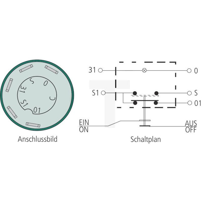 GRANIT Push button switch Windscreen wipers - 50799083, 2663335, 11180010XX | Version: 12/24 V, Green button, with lock, Ø 30 mm, 5 blade terminals 6.3 x 0.8 (31- 0- S1- S- 01), Dustproof and splashproof, With glass socket bulb 12 V / 1.2 W | To operate: Wipers