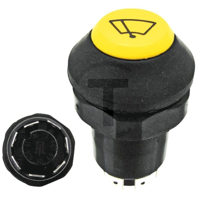 GRANIT Push button switch Windscreen wipers - 50799085, 11160100XX | Version: 12/24 V, Yellow button, with lock, Ø 30 mm, 7 blade terminals 6.3 x 0.8 (L- R- 30- 30b- 49a- 15- 49), dustproof and splashproof, With glass socket bulb 12 V / 1.2 W | To operate: Wiper