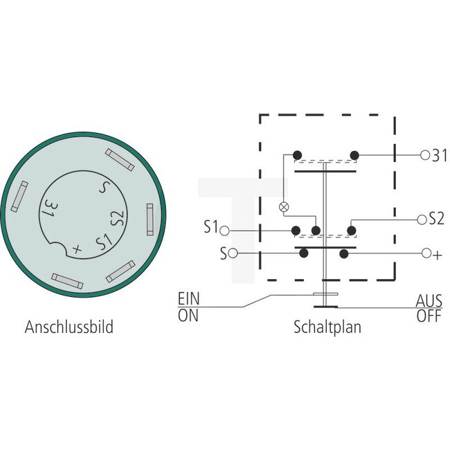 GRANIT Druckknopfschalter Getriebe - 50799089, 11155100XX | Ausführung: 12 / 24 Volt, Knopf gelb, mit Arretierung, Ø 30 mm, 5 Flachsteckanschlüsse 6,3 x 0,8 (31- S1- S2- S- +), Staub- und Spritzwasserschutz, mit Glassockellampe 12 V / 1,2 W | Betätigung für: Get