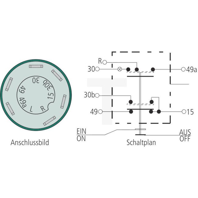 GRANIT Push button switch For chaff - 50799091, 11104010XX | Version: 12/24 V, Yellow button, With lock, Ø 30 mm, 6 blade terminals 6.3 x 0.8 (R- 30b- 30- 49a- 15- 49), Dustproof and splashproof, With glass socket bulb 12 V / 1.2 W | To operate: Chopper | Switch