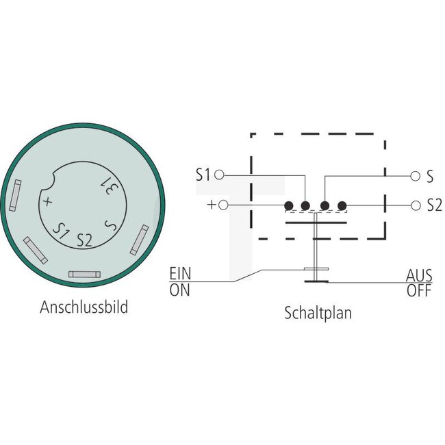 GRANIT Druckknopfschalter Haspel (langsam) - 50799090, 11150030XX | Ausführung: 12 / 24 Volt, Knopf gelb, mit Arretierung, Ø 30 mm, 4 Flachsteckanschlüsse 6,3 x 0,8 (S1- S- S2- +), Staub- und Spritzwasserschutz, mit Glassockellampe 12 V / 1,2 W | Betätigung für:
