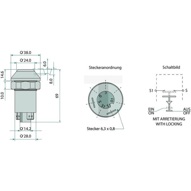 GRANIT Druckknopfschalter Horn (Taster) - 50770490178, 11215100XX, 44566 | Ausführung: 12 / 24 Volt, Knopf gelb, <br>ohne Arretierung, Ø 30 mm, 2 Flachsteckanschlüsse 6,3 x 0,8 (S1- S) , Staub- und Spritzwasserschutz | Betätigung für: Horn | Schaltknopffarbe: ge
