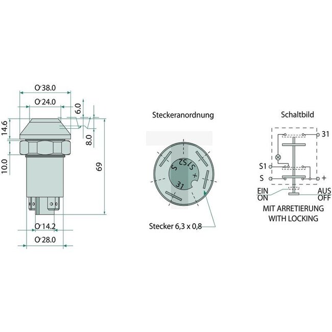 GRANIT Druckknopfschalter Begrenzungs- und Schlussleuchte - 50770490173, 11130100XX | Ausführung: 12 / 24 Volt, Knopf gelb, mit Arretierung, Ø 30 mm, 4 Flachsteckanschlüsse 6,3 x 0,8 (31- S1- S- +), Staub- und Spritzwasserschutz, mit Glassockellampe 12 V / 1,2 W