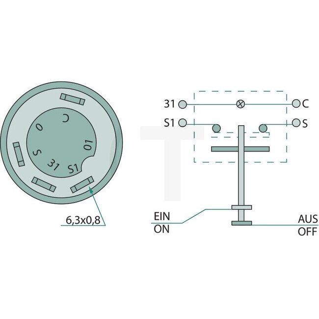 GRANIT Push button switch Lighting (headlights) - 50718003, 7700030856, 11110810XX | Version: 12/24 V, Green button, with lock, Ø 30 mm, 4 blade terminals 6.3 x 0.8 (31 - C - S1 - S), dustproof and splashproof, With glass socket bulb 12 V / 1.2 W