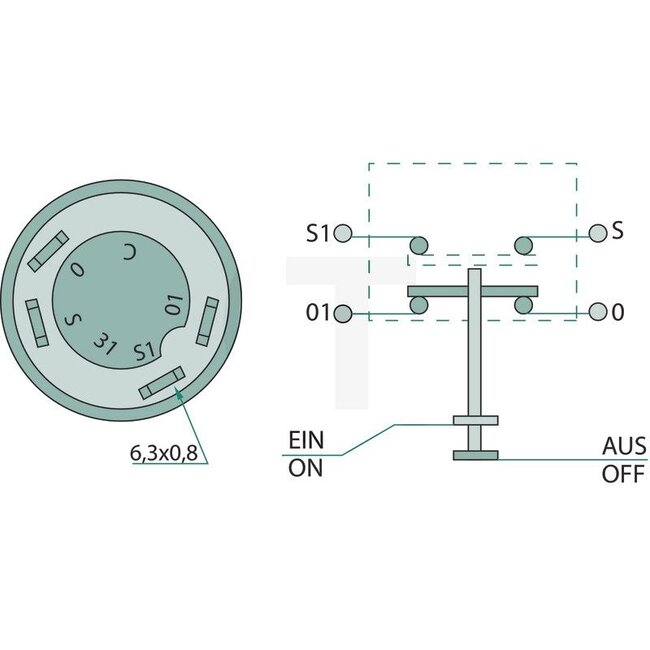 Druckknopfschalter Dachscheinwerfer (vorne) - 50721000, 11145300XX, 133700580007 | Ausführung: 12 / 24 Volt, Knopf gelb, mit Arretierung, Ø 30 mm, 4 Flachsteckanschlüsse 6,3 x 0,8 (S1- S- 01- 0) , Staub- und Spritzwasserschutz
