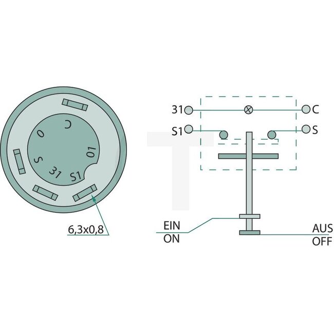 GRANIT Drukknopschakelaar Aftakas - 50718009, 11110290XX | Uitvoering: 12 / 24 volt, Knop geel, met vergrendeling, Ø: 30 mm, 4 vlakstekkers 6,3 x 0,8 (31-C-S1-S), Glassokkellamp 12 volt / 1,2 W