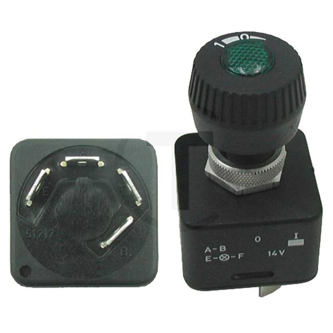 GRANIT Rotary switch Button with pilot light - 50770525201, 20000343 | Version: 2 switching steps, on/off, Protection class according to DIN 40 050 IP53, with socketless bulb, with interchangeable lenses: red, orange, green, 4 blade terminals 6.3 mm, power ratin