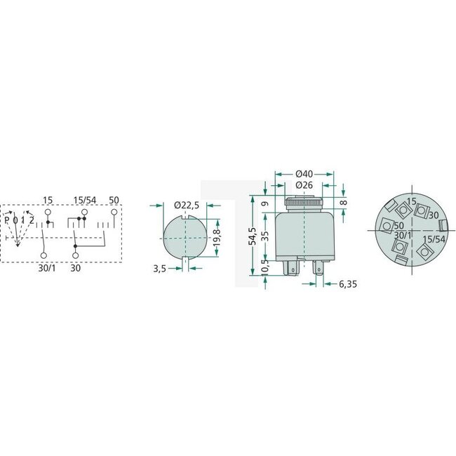 Cobo Start switch With key - 22714112000, 1021283 | Version: 12 V, with 5 blade terminals, functions:, P: preheat, 0: off, 1: consumer, 2: start, Housing Ø 40 mm