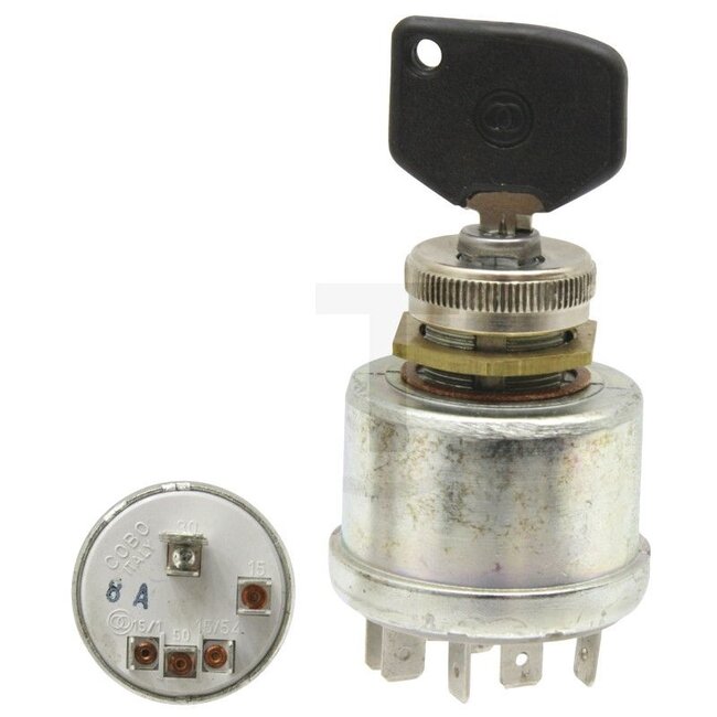 Cobo Start switch With 2 keys - 22714174000, 1021379 | Version: 12 V, with 5 blade terminals, functions:, Preheat contact start, P: parking light, 0: off, 1: consumer, 2: start, Housing Ø 44 mm