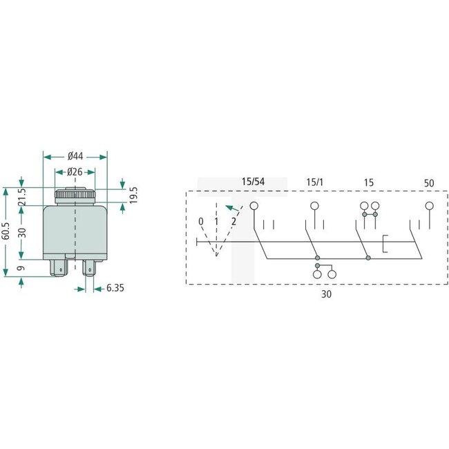 Cobo Start switch With 2 keys - 22714174000, 1021379 | Version: 12 V, with 5 blade terminals, functions:, Preheat contact start, P: parking light, 0: off, 1: consumer, 2: start, Housing Ø 44 mm