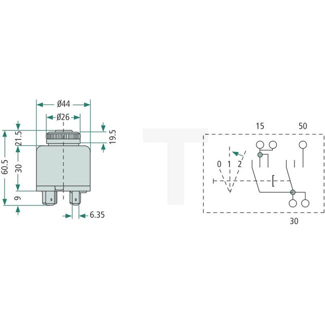 Cobo Ignition start switch With key - 22714131000, 1021328 | Version: 12 V, with blade terminal, circuit: 1: 30/1 - 15 max. 25 A, 2: 30 - 50 max. 35 A Function:, 0: off, 1: consumer, 2: start, Housing Ø 40 mm