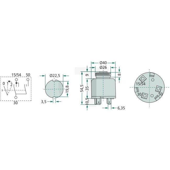 Cobo Starter switch with key 12 V, blade terminal, steps 0-2, Ø 40 mm | 1021369