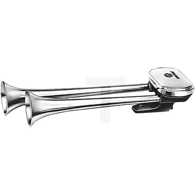HELLA Pneumatic horn Two-tone - 4553PB 005411001, 3PB005411001 | Version: Two-tone | Colour: Chrome/black | Connection: Blade terminal | Installation height: 80 mm | Width: 160 mm | Height: 78 mm | Length: 415 mm | Frequency: 300 / 350 Hz | Nominal voltage: 24