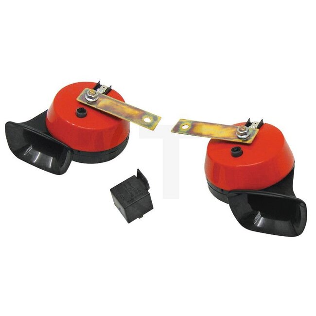 GRANIT Horn Two-tone (set) - 50756360261, 3FH002924-811 | Version: Two-tone | Colour: Red/black | Connection: 1 x 6.3 mm | Height: 40 mm | Material: Plastic | Frequency: 410 / 500 Hz | Nominal voltage: 12 V | Power consumption: 120 W | Additional information: •