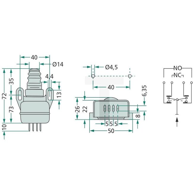 Cobo Contact switch Mechanical - 22715117000, 1021530, 3532018M91, 82026949, 2.7659.097.0, 47132449 | Version: For PTO, brake light, immobiliser, 12/24 V, power rating: 12 V: 5-12 A, 24 V: 3-8 A, protection class: IP65, NC = normally closed, NO = normally open