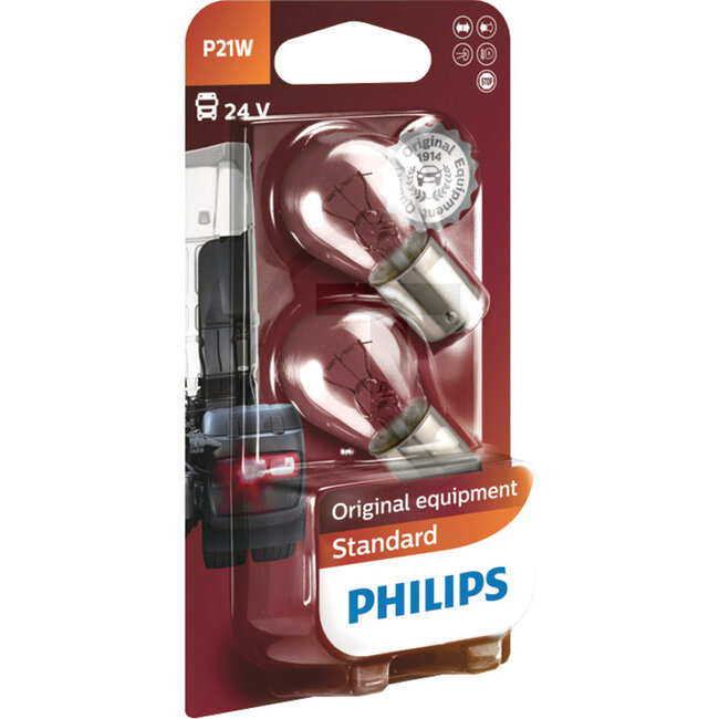 Philips Kogellamp P21W, 2 stuks - 44713498B213498B2 | Spanning: 24 V | Vermogen: 21 Watt | Sokkel: BA15s | Lamp: Halogeen | Passend voor: Achterlichten, dagrijlichten, remlichten, richtingaanwijzers aan de zijkant, achteruitrijlichten, richtingaanwijzers achter,
