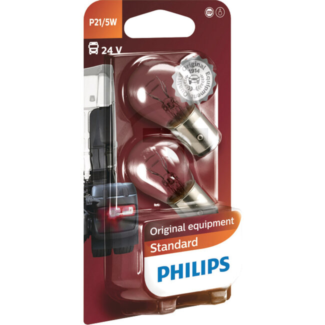 Philips Kogellamp P21/5W, 2 stuks - 44713499B213499B2 | Spanning: 24 V | Vermogen: 21 / 5 Watt | Sokkel: BAY15d | Lamp: Halogeen | Passend voor: Achterlicht, dagrijlicht, remlicht, achter- / parkeerlicht, richtingaanwijzer achter, mistlicht voor, richtingaanwijze
