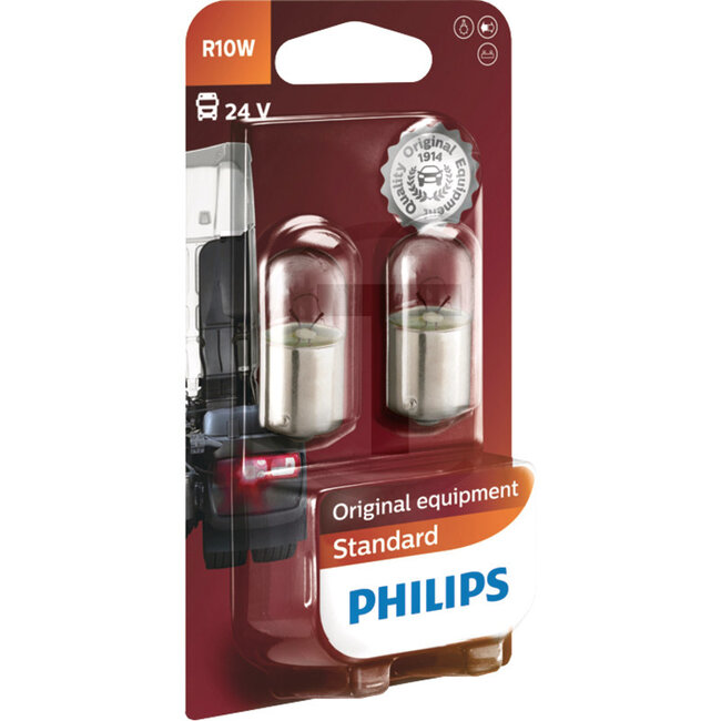 Philips Kugellampe R10W, 2 Stück - 44713814B20518289, 13814B2 | Spannung: 24 V | Leistung: 10 Watt | Sockel: BA15s | Leuchtmittel: Kugellampe | passend für: Heckleuchte, Leseleuchte, Rückfahrlicht, Heck-/Parkleuchte, Kennzeichenbeleuchtung | Typ: Standard | Prüfz
