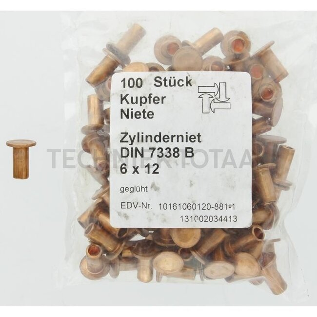 GRANIT Vpe100 Niete (kupfer), 100 pcs - 4877338B 06X12, 1133087, 01133087 | Hole Ø: 6 mm | Length: 12 mm | d2: 11,5 mm | K: 1,2 mm | e: 3 mm | Material: Copper | DIN: 7338-B