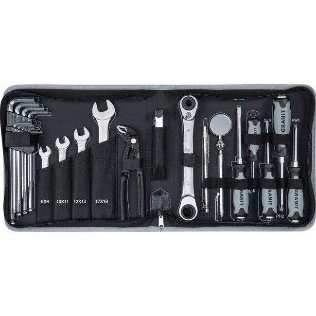 GRANIT BLACK EDITION Gereedschapsset 25-delig - 7302222, 73022220 | Inhoud: Steeksleutels 8 x 9, 10 x 11, 12 x 13, 17 x 19 mm | Ringratelsleutel 10 x 19 - 13 x 17 mm
