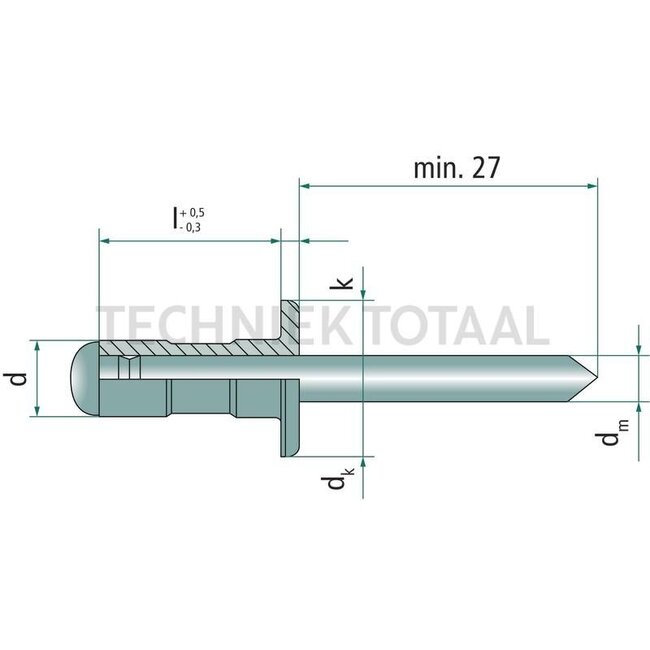 GRANIT Blindniete - 500 Stück - 48788402 05X020, L158448 | Bohrung-Ø: 5,1 mm | DIN: 7337 | Ø dk: 9,5 (-0,8) mm | K: 1,1 (+/-0,3) mm | Klemmbereich: 12,0 - 15,5 mm | Klemmlänge l: 12 - 16 mm | Länge: 20 mm | Nennmaß: 5x20 mm | Ø d: 5 mm | ISO Nr.: 15977 | Ø dm: 2