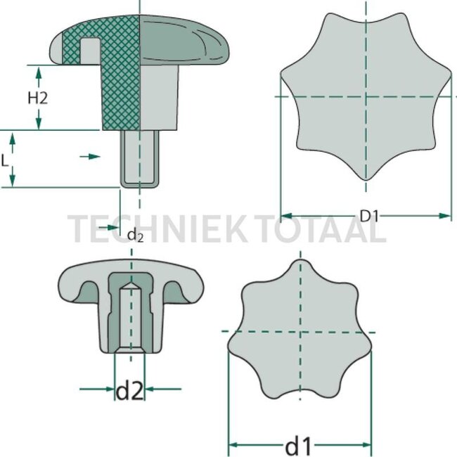 GRANIT Star button DIN 6336 M10, Ø 50 mm, with threaded bush
