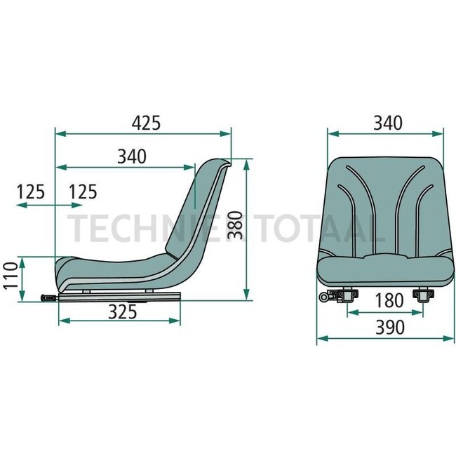 GRANIT Seat - 240920043, STGC006 | Height: 380 mm | Length: 425 mm | To fit: Forklifts, harvesters, etc. | Technical data: • With longitudinal adjustment 250 mm, • Seat width 390 mm, • Guide 180 mm, • PVC cushion | Suspension: No suspension | Track gauge: 180 mm