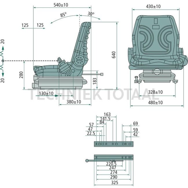 GRANIT Mechanischer Sitz - 240920211, STPLUSFSV1LS | Höhe: 640 mm | Länge: 545 mm | passend für: für Hoflader / Stapler | Technische Daten: ● Federweg 50 mm, ● Längseinstellung 190 mm, ● Gewichtseinstellung von 50 - 130 kg, ● Rückenlehne neigungsverstellbar 30 -