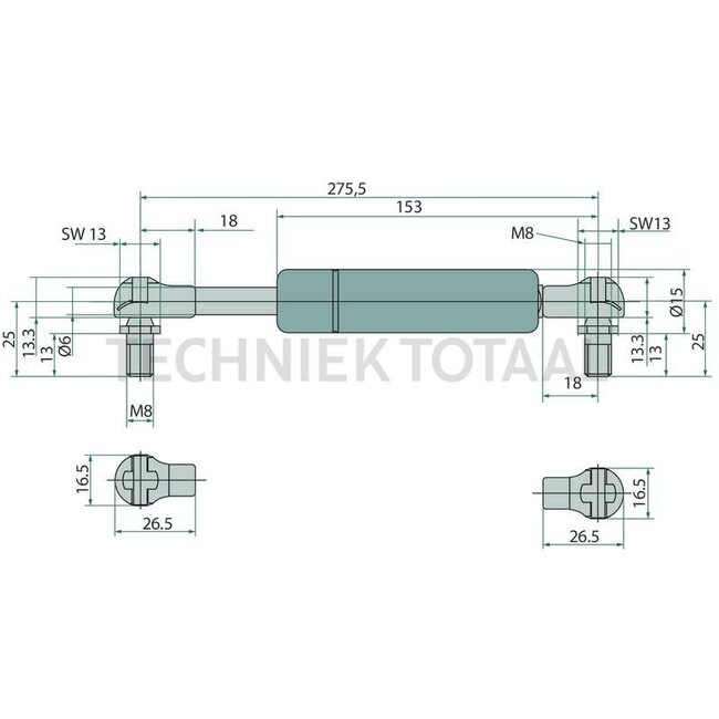 GRANIT Gas pressure damper - 6549707720, 11521390 | suitable for: Heckscheibe | Newtons: 150 | A: 275,5 mm | B: 153 mm | C: 8 mm | D: 8 mm | d1: 6 mm | d2: 15 mm | Stroke: 102,5 mm | Connection 1: Winkelgelenk mit Kugelpfanne F Kunststoff | Connection 2: Winkelg