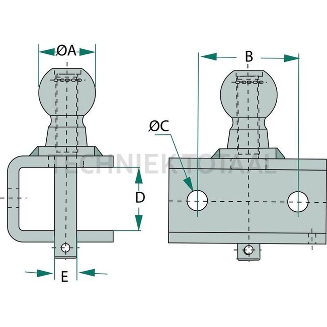 GRANIT Ball hitch No road approval - 20099021, 39885 | A: 50 mm | B: 89 mm | C: 16,5 mm | D: 55 mm | E: 19 mm | Version: Not approved for road use | For farm use only