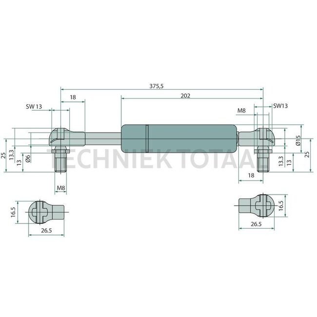 GRANIT Gas pressure damper - 6549707912, 11625310, 5075DQ, ER410241, 8423449 | suitable for: Heckscheibe | Newtons: 100 | A: 375,5 mm | B: 202 mm | C: 8 mm | D: 8 mm | d1: 6 mm | d2: 15 mm | Stroke: 151,5 mm | Reference no.: 00011625310 | Connection 1: Winkelgel