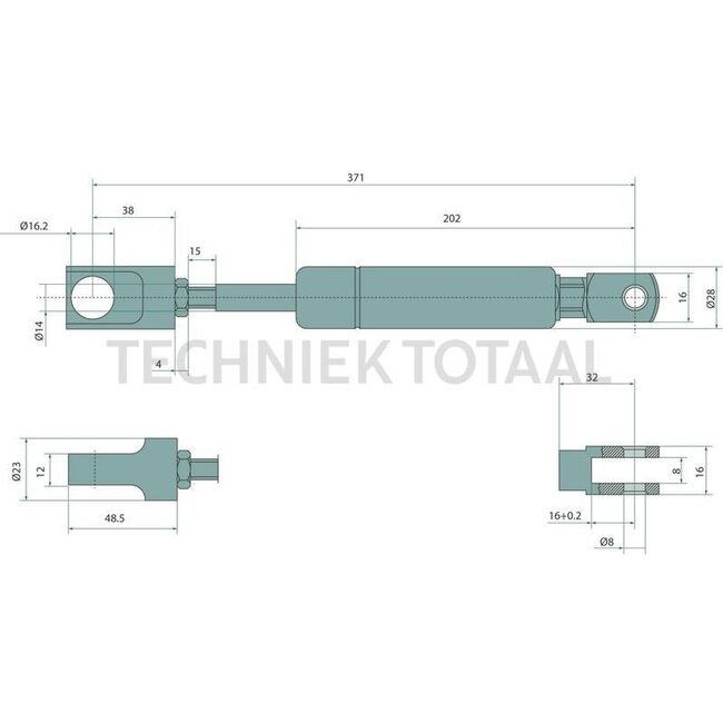 GRANIT Gasfeder 1850N - 65498176, 9655687, 467519, 0009655687 | A: 371 mm | B: 202 mm | C: 16,2 mm | D: 8 mm | d1: 14 mm | d2: 28 mm | Stroke: 71,5 mm | Newtons: 1850