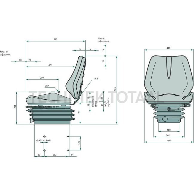 GRANIT zitting - 24000036SKS, STPLUSV42GREYCLOTH | Technische gegevens: • Geveerde zitting met veerinstelling voor een gewicht van: 50 tot 120 kg, • Veerweg: 100 mm, • Vering met hydraulische schokdemper, • Lengteverstelling met geleiderails, • Instelbereik: 150