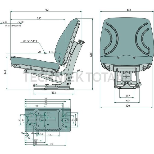 GRANIT Sitz - 240920015, SB010, 3784, 03784 | Technische Daten: ● Gefederter Sitz mit Federungsregulierung für Gewicht von 50 kg bis 120 kg, ● Federungshub 120 mm, Federung mit doppeltwirkendem Stoßdämpfer, ● Längsverstellung mit Führungen: Einstellbereich 220 m