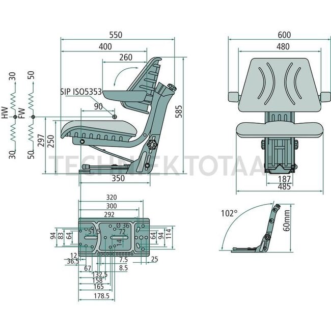 GRANIT Sitz - 24000117, ST07-05 | Technische Daten: • Mechanisch gefederter Sitz • 150 mm Längsverstellung • 100 mm Federungshub • 60 mm Höhenverstellung • 50 – 120 kg Gewichtsbereich • mit Armlehnen | CE Homologation &nbsp;e 13*78/764 nach EWG Richlinie | Höhe: