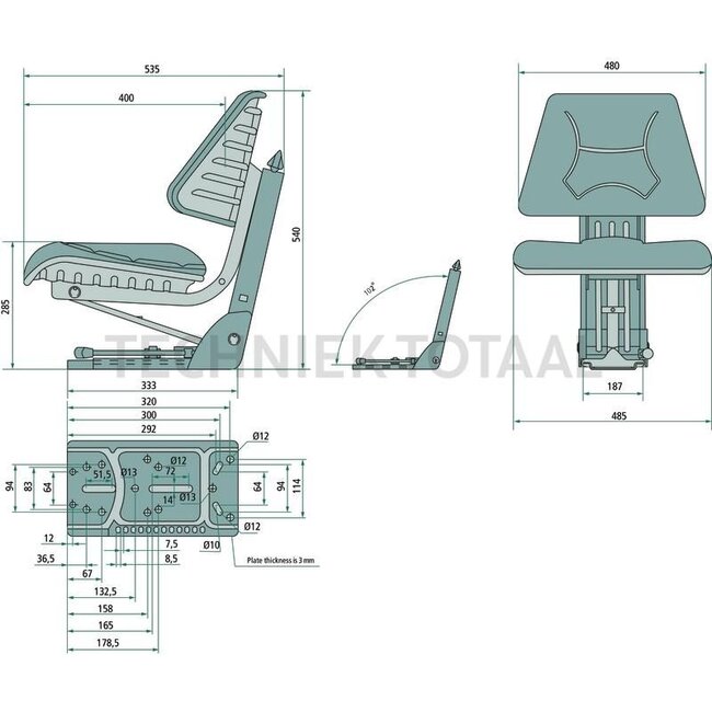 GRANIT Zitting - 24000067, YP5ECO | Technische gegevens: • Mechanisch geveerde zitting met veerinstelling voor een gewicht van 50 tot 120 kg, • Lengteverstelling: 150 mm, • Veerweg: 80 mm | Hoogte: 540 mm | Lengte: 535 mm | Ophanging: mechanisch | Spoormaat: 187