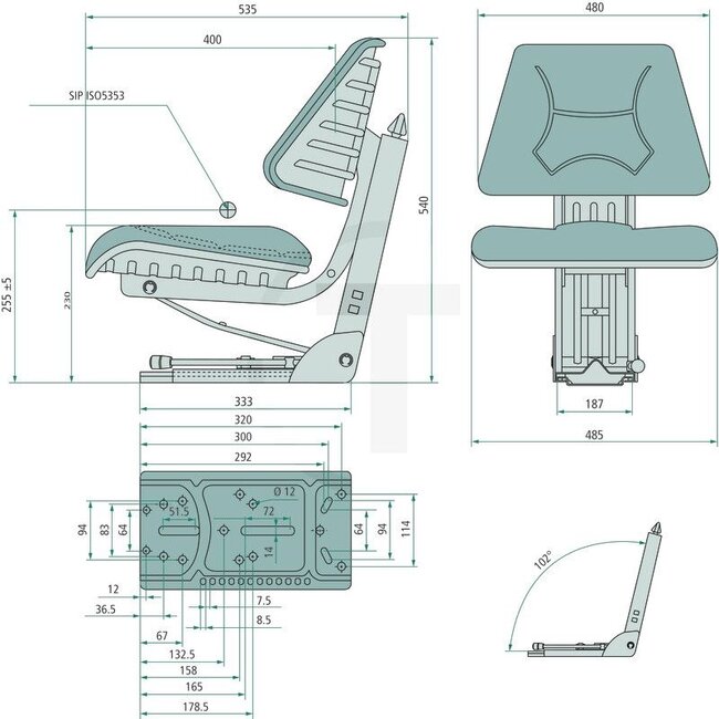 GRANIT Seat - 24000079, ECO103 | Technical data: ● Mechanically sprung seat with suspension adjustment for weights from 50 to 120 kg, ● Longitudinal adjustment 150 mm, ● Spring travel 80 mm | Height: 540 mm | Length: 535 mm | Suspension: mechanical | Track gauge