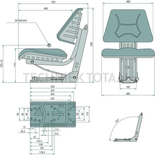 GRANIT GRANIT zitting - 24000079, ECO103 | Technische gegevens: • Mechanisch geveerde zitting met veerinstelling voor een gewicht van: 50 tot 120 kg, • Lengteverstelling: 150 mm, • Veerweg: 80 mm | Hoogte: 540 mm | Lengte: 535 mm | Ophanging: mechanisch | Spoorm